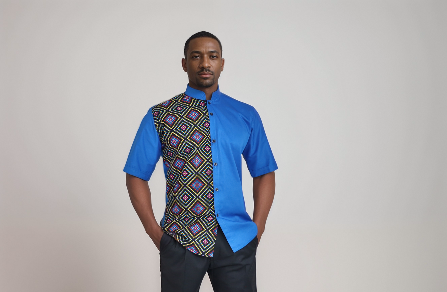 Short sleeve shirt - Turquoise blue mix match with  African print of black ,  orange red, pink, and yellow square prints