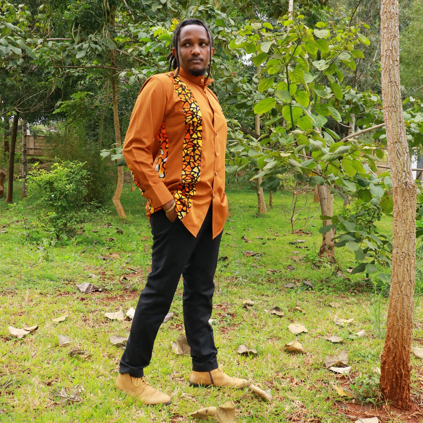 Casual Smart 2 piece - Broze background with African contrast on sleeve and cuffs