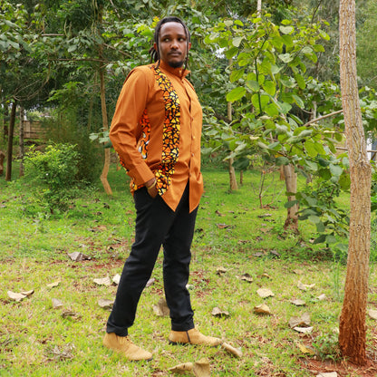 Casual Smart 2 piece - Broze background with African contrast on sleeve and cuffs