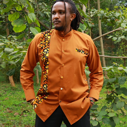 Casual Smart 2 piece - Broze background with African contrast on sleeve and cuffs