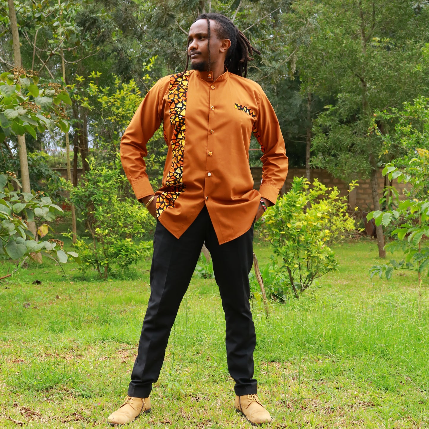 Casual Smart 2 piece - Broze background with African contrast on sleeve and cuffs