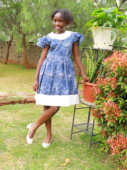 Tweens dress: African print: blue/ grey / white Neckline, bottom dress  white.