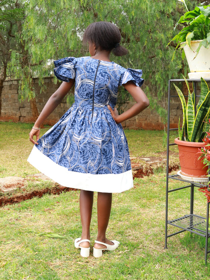 Tweens dress: African print: blue/ grey / white Neckline, bottom dress  white.