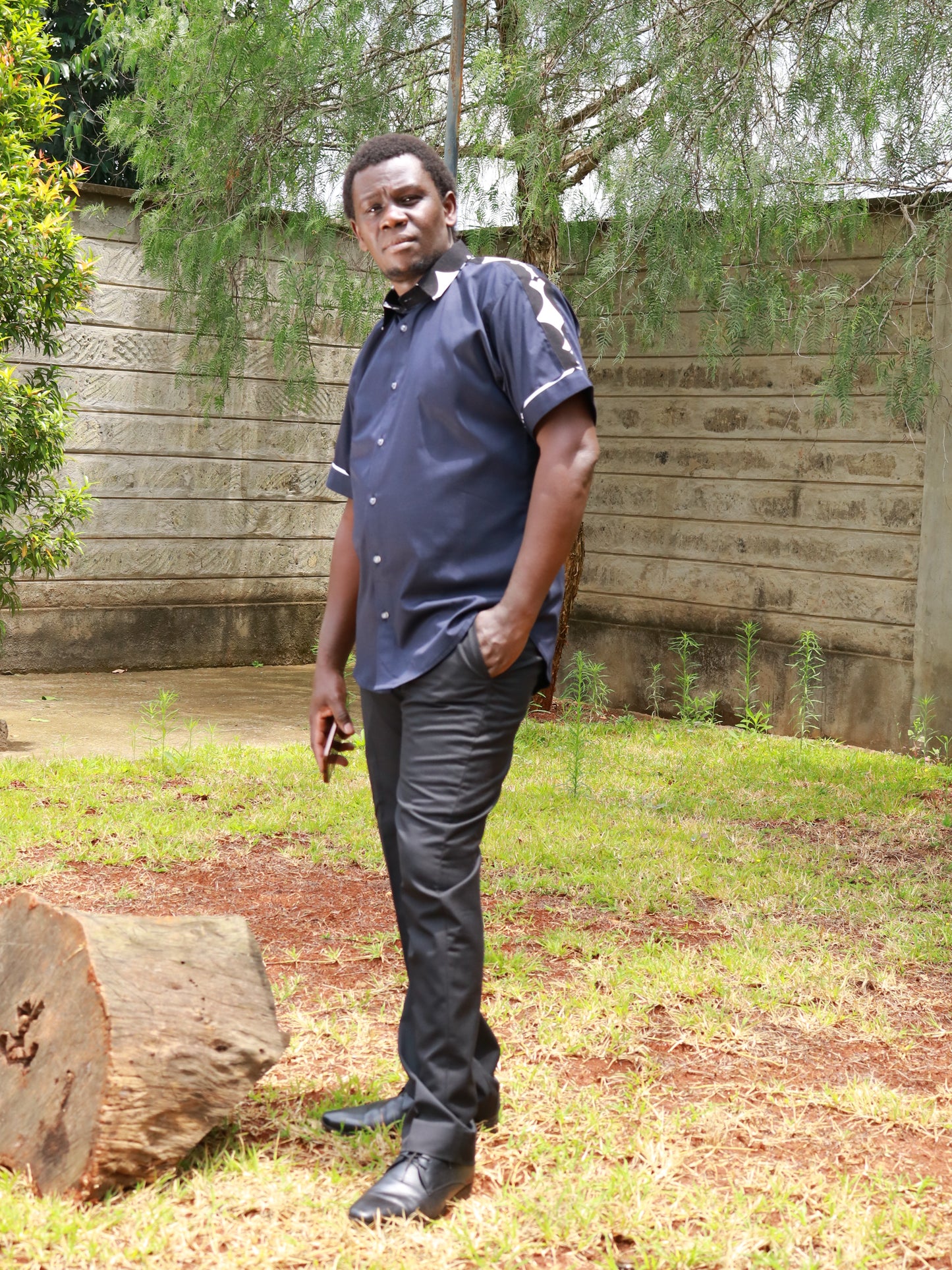 Casual Smart 2 piece - Plain navy blue with African print contrast