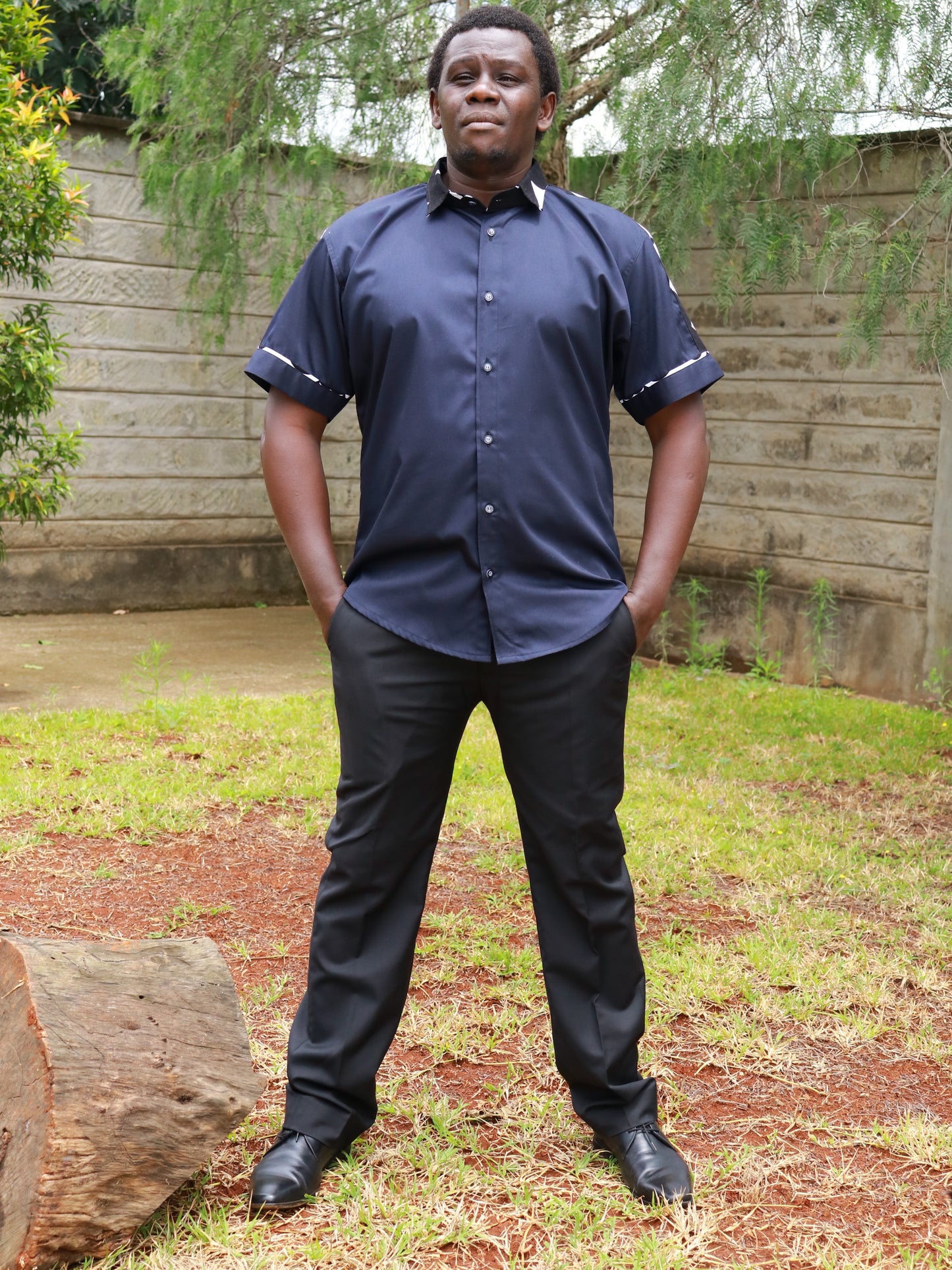 Casual Smart 2 piece - Plain navy blue with African print contrast