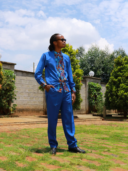 Casual Smart 2 piece - Azzure blue with African print on mandarin collar and cuffs