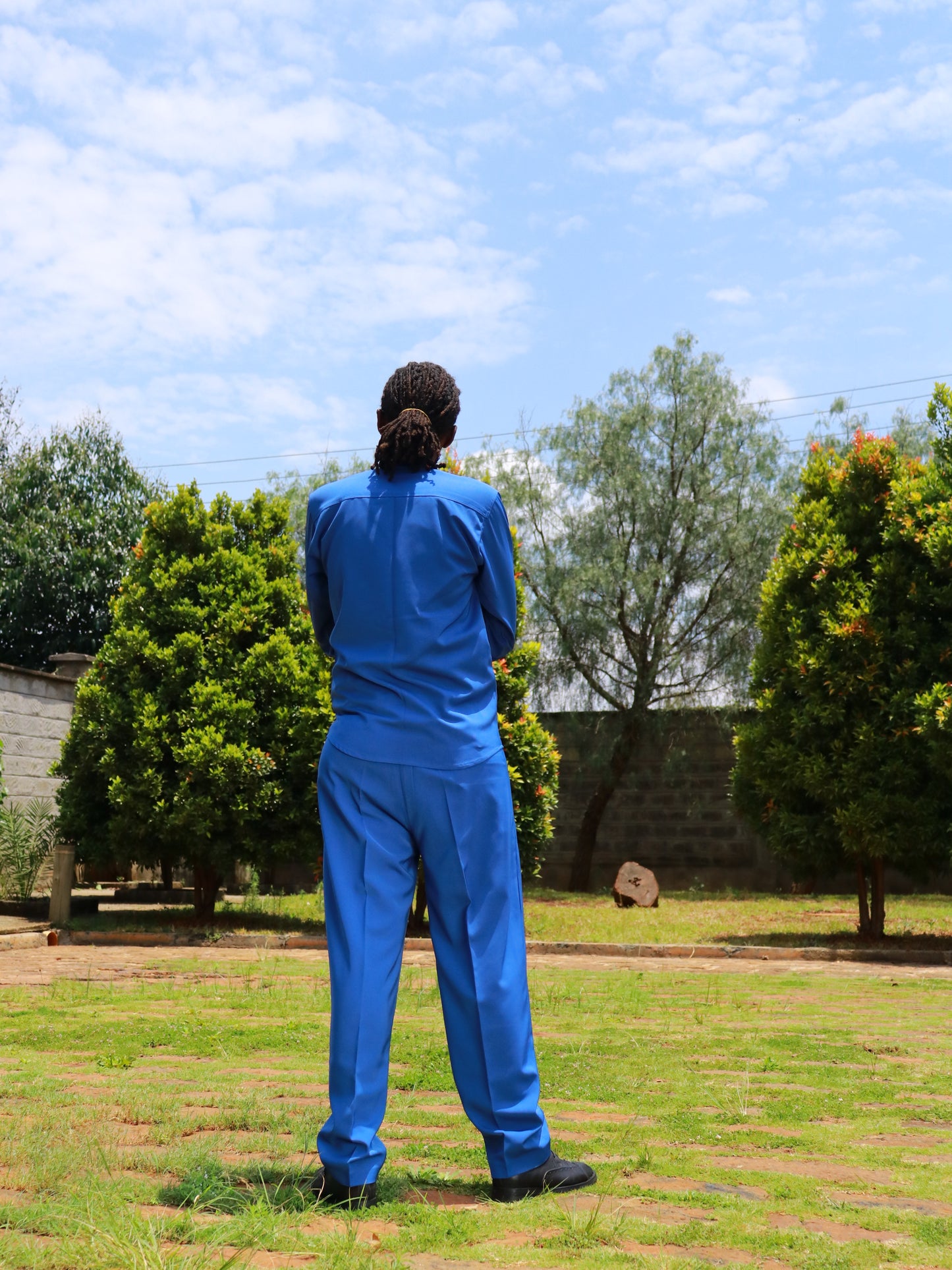 Casual Smart 2 piece - Azzure blue with African print on mandarin collar and cuffs