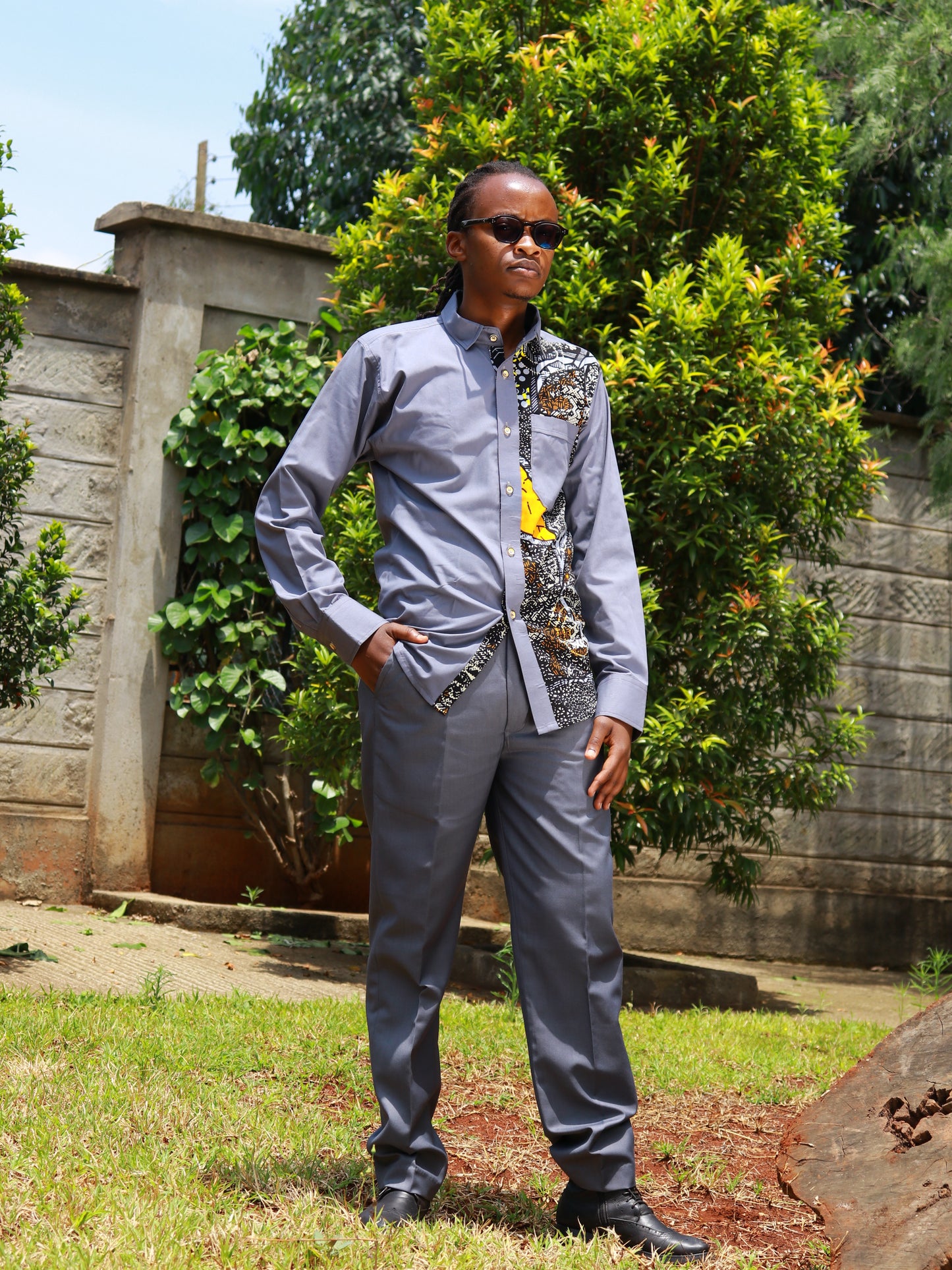Casual Smart 2 Piece - Grey with African prints contrast on thre left side of shirt
