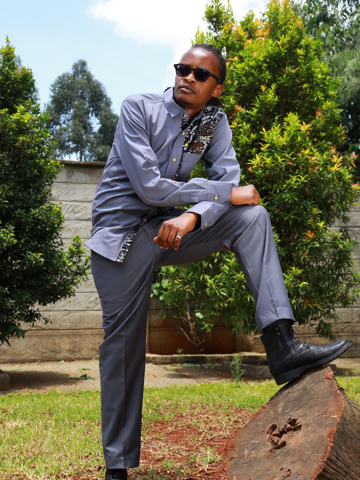 Casual Smart 2 Piece - Grey with African prints contrast on thre left side of shirt