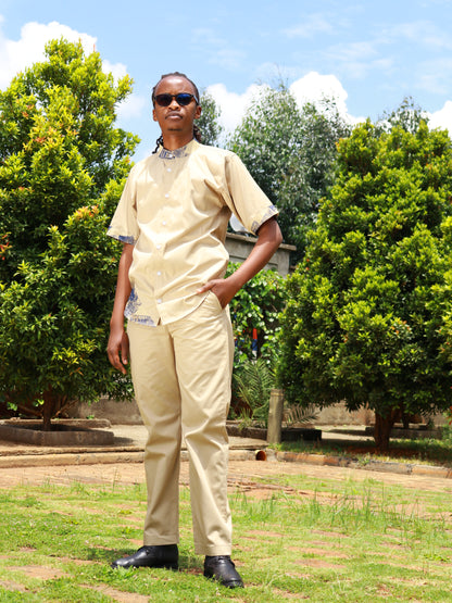 Casual Smart 2 Piece - Cream khaki contrast with hrttan combat and navy blue fabric on shirt tail, collar and sleeves hem