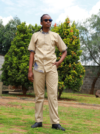 Casual Smart 2 Piece - Cream khaki contrast with hrttan combat and navy blue fabric on shirt tail, collar and sleeves hem