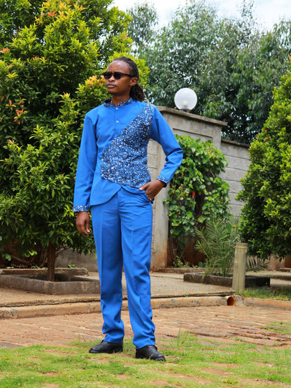 Casual Smart 2 Piece - Azzure blue with African prints contrast