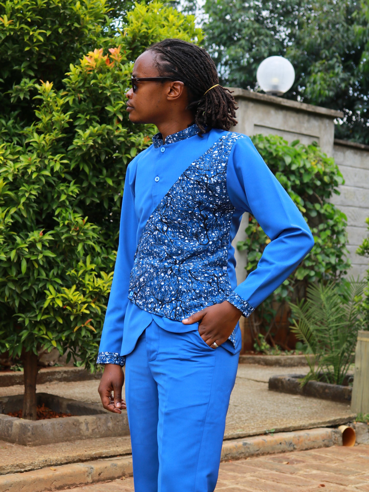 Casual Smart 2 Piece - Azzure blue with African prints contrast