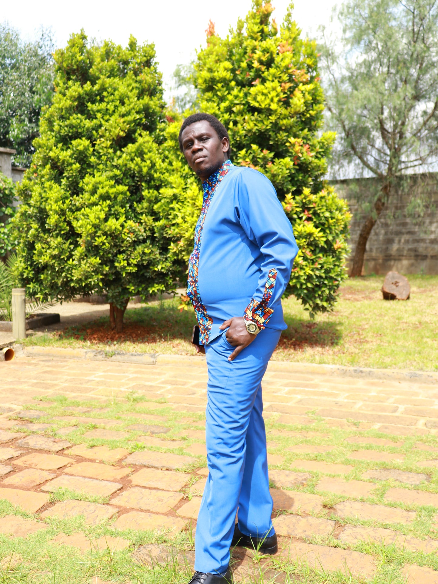 Casual Smart 2 piece - Azzure blue with African print on mandarin collar and cuffs