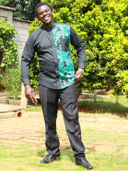 Casual Smart 2 piece - Black background with contrast of African print on the left side