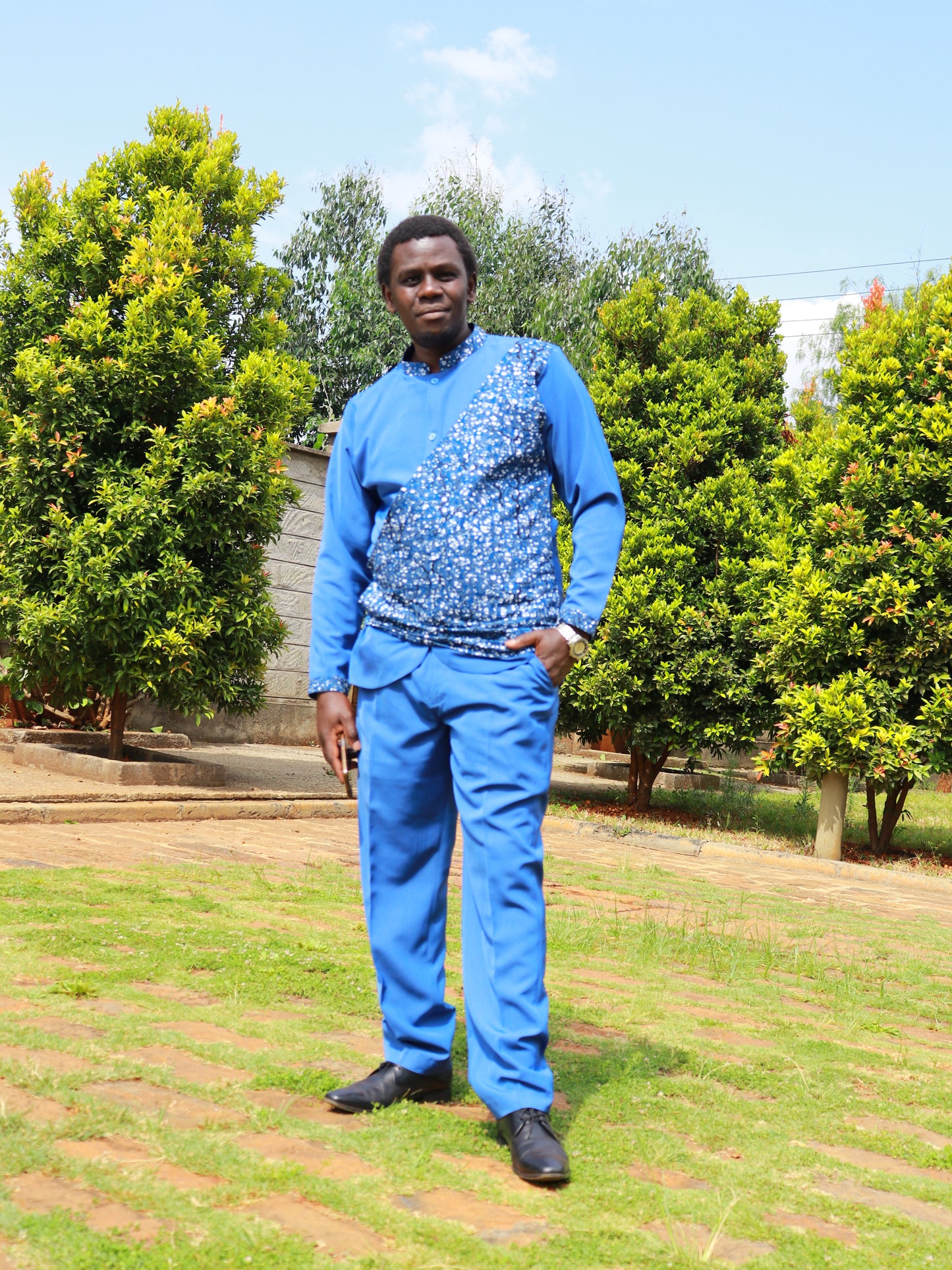 Casual Smart 2 Piece - Azzure blue with African prints contrast