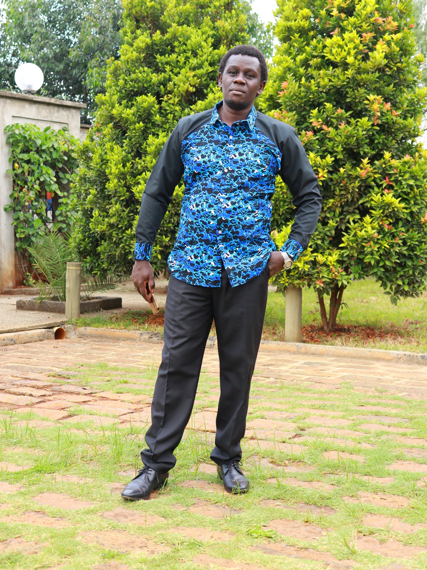 Casual Smart 2 piece - Black with African prints contrast on sleeve, cuffs and collar