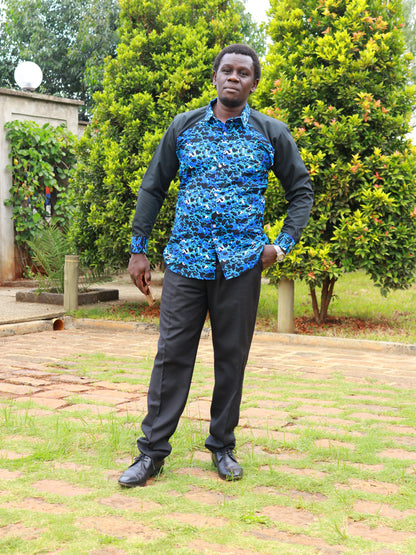 Casual Smart 2 piece - Black with African prints contrast on sleeve, cuffs and collar
