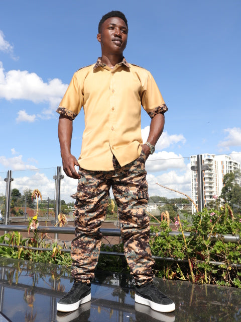 Casual Smart 2 piece - Bronze shirt- contrast of  combat, stirrup pants.