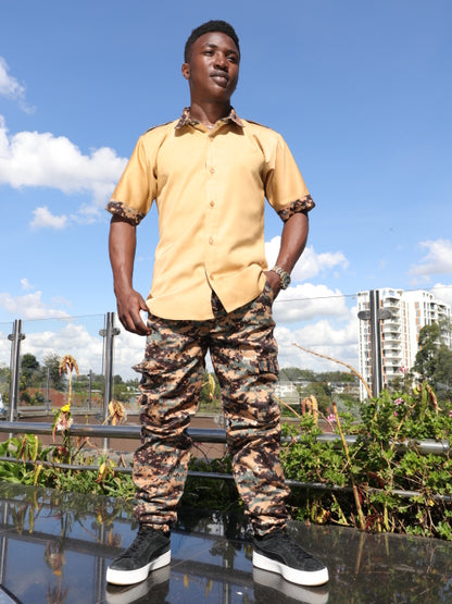 Casual Smart 2 piece - Bronze shirt- contrast of  combat, stirrup pants.