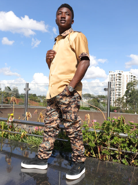 Casual Smart 2 piece - Bronze shirt- contrast of  combat, stirrup pants.