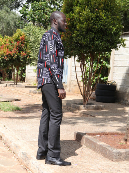 Casual Smart 2 piece.  Black background, red and whilte   blocks motif with black contrast.