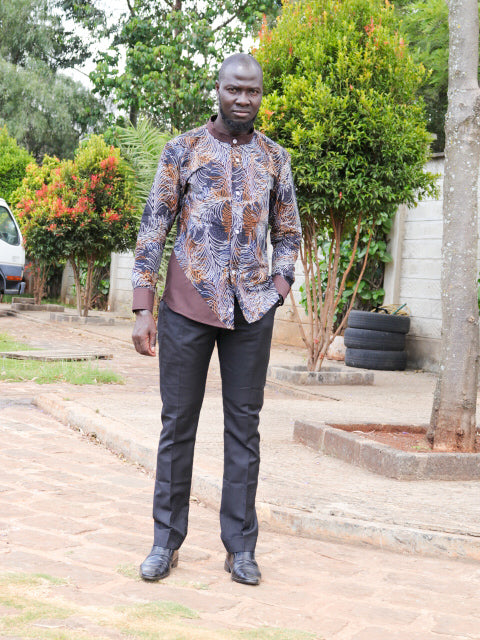 Casual Smart 2 Piece. Black, brown, white leaf & dots motif. Brown contrast