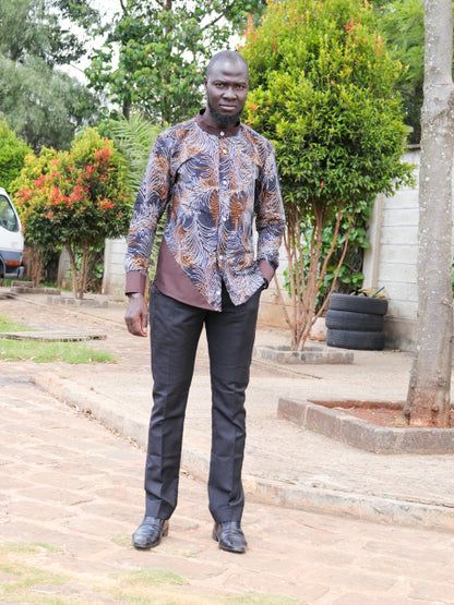 Casual Smart 2 Piece. Black, brown, white leaf & dots motif. Brown contrast