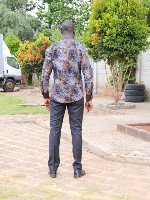 Casual Smart 2 Piece. Black, brown, white leaf & dots motif. Brown contrast