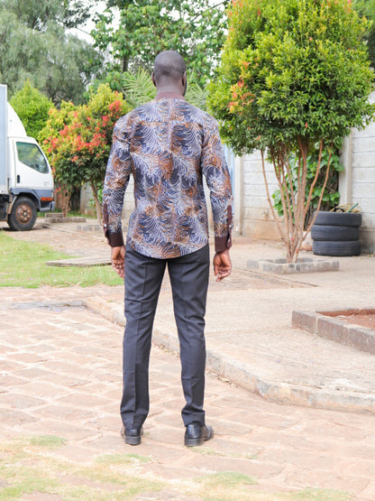 Casual Smart 2 Piece. Black, brown, white leaf & dots motif. Brown contrast