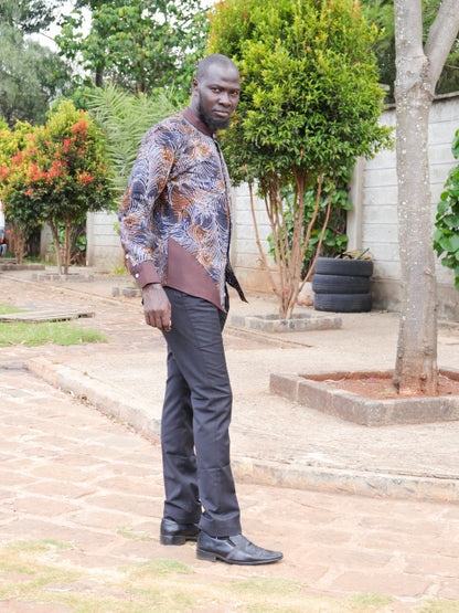 Casual Smart 2 Piece. Black, brown, white leaf & dots motif. Brown contrast