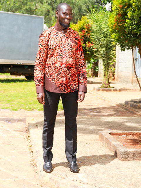 Casual Smart 2 Piece. Red, Black, Beige colours motif. Brown contrast.