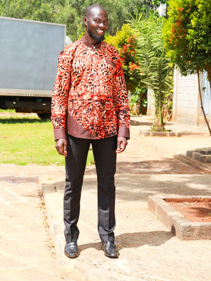 Casual Smart 2 Piece. Red, Black, Beige colours motif. Brown contrast.