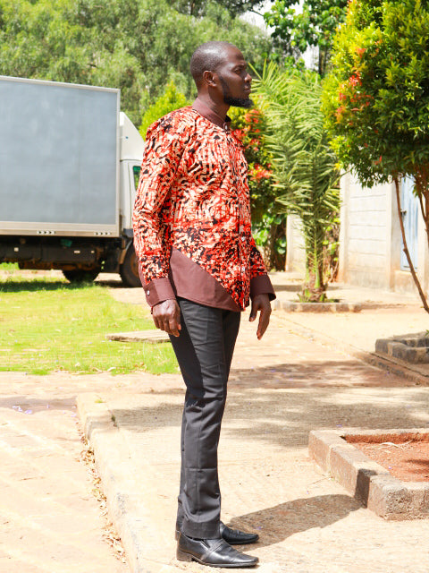 Casual Smart 2 Piece. Red, Black, Beige colours motif. Brown contrast.