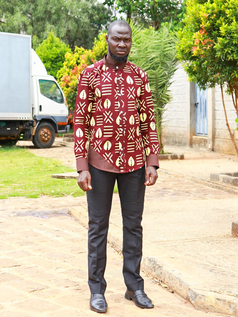 Casual Smart 2 Piece. Maroon  with Orange block prints. Brown contrast