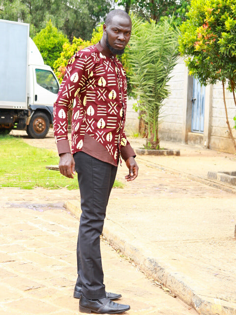 Casual Smart 2 Piece. Maroon  with Orange block prints. Brown contrast