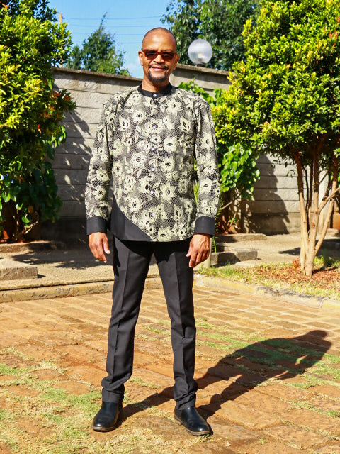 Casual Smart 2 Piece  -  Black  and cream floral motif. Black contrast.