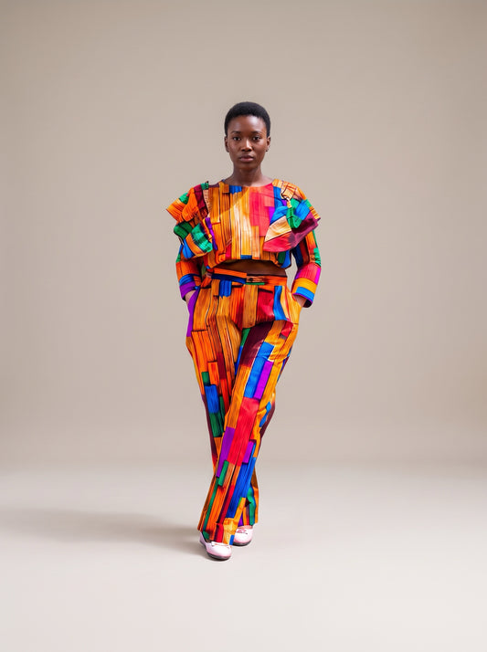 Two Piece Palazzo, Orange, black, brown, green squares and lines  motif
