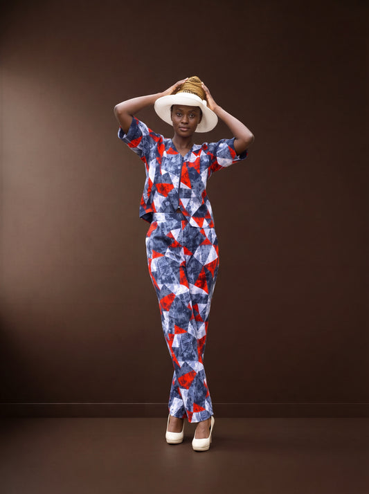 Two Piece Palazzo of black, grey and red prints motif