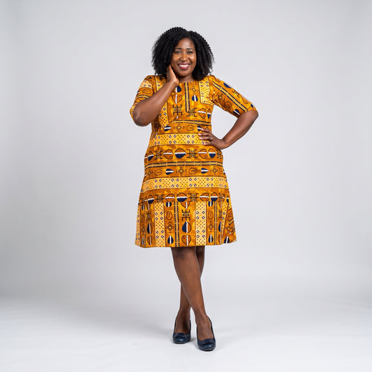 A-Line dress with  orange black prints motif