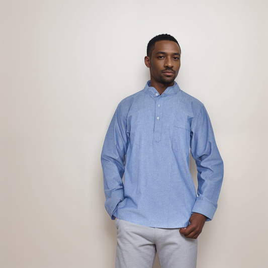 Long sleeve shirt - Sky blue shirt with mandarin collar