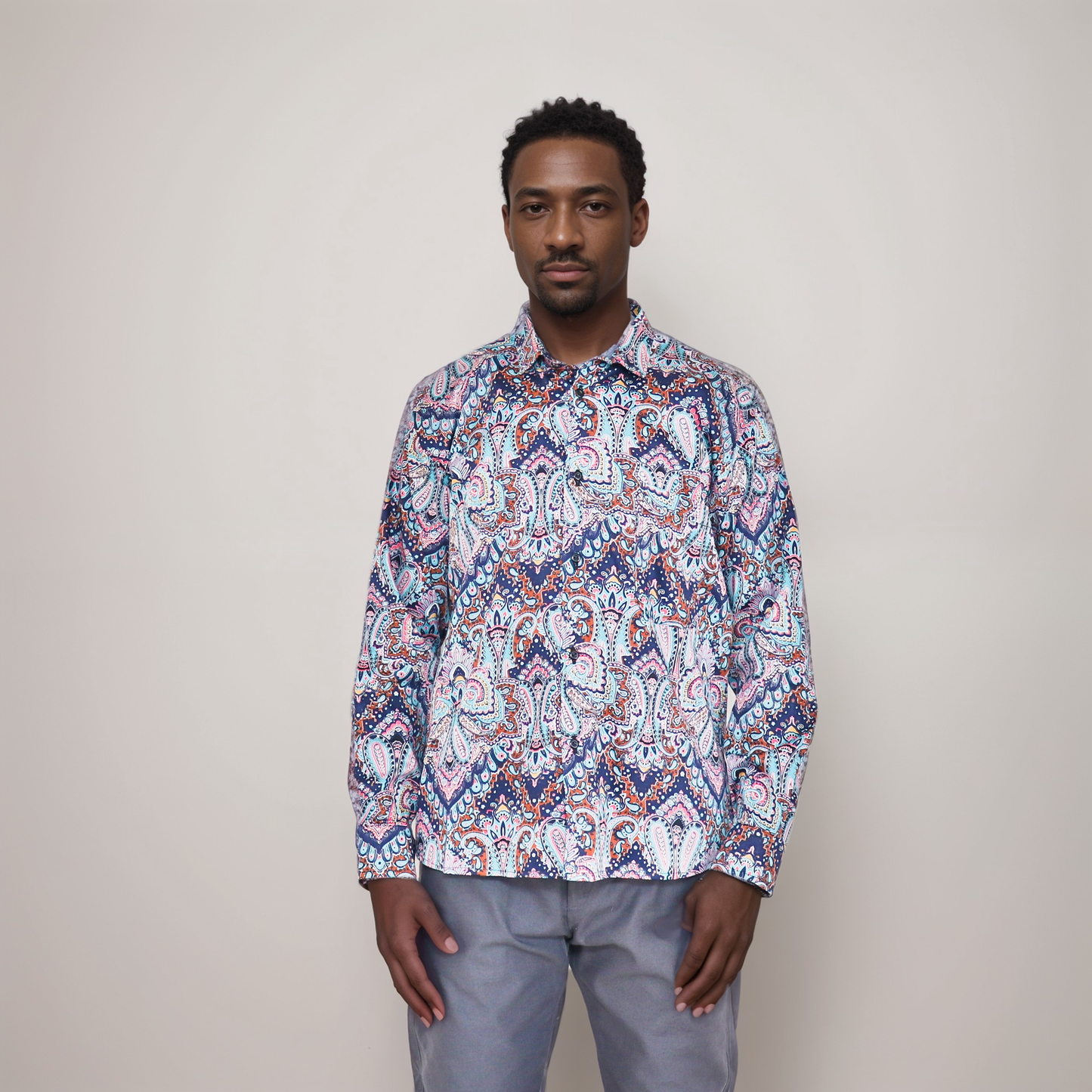 Long sleeve shirt - Floral black, white, Ligh blue and pink