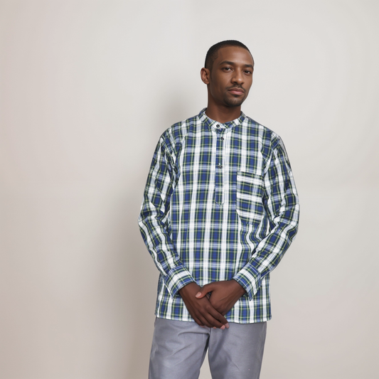 Long sleeve shirt - Checked navy blue, green, grey and gold