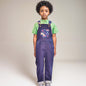 Dungarees-Navy blue jeans material and unicorn prints motif on chest  pocket: 