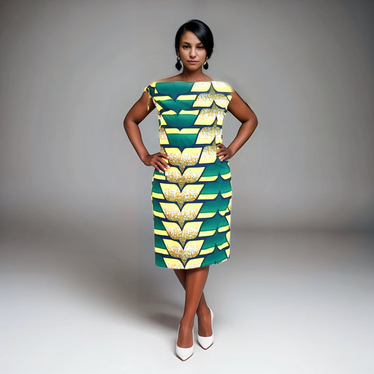 Sheath - Green, yellow, black and cream prints