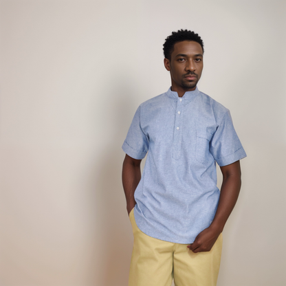 Short sleeve shirt - Sky blue shirt with mandarin collar