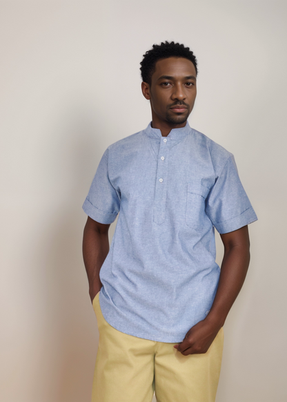 Short sleeve shirt - Sky blue shirt with mandarin collar