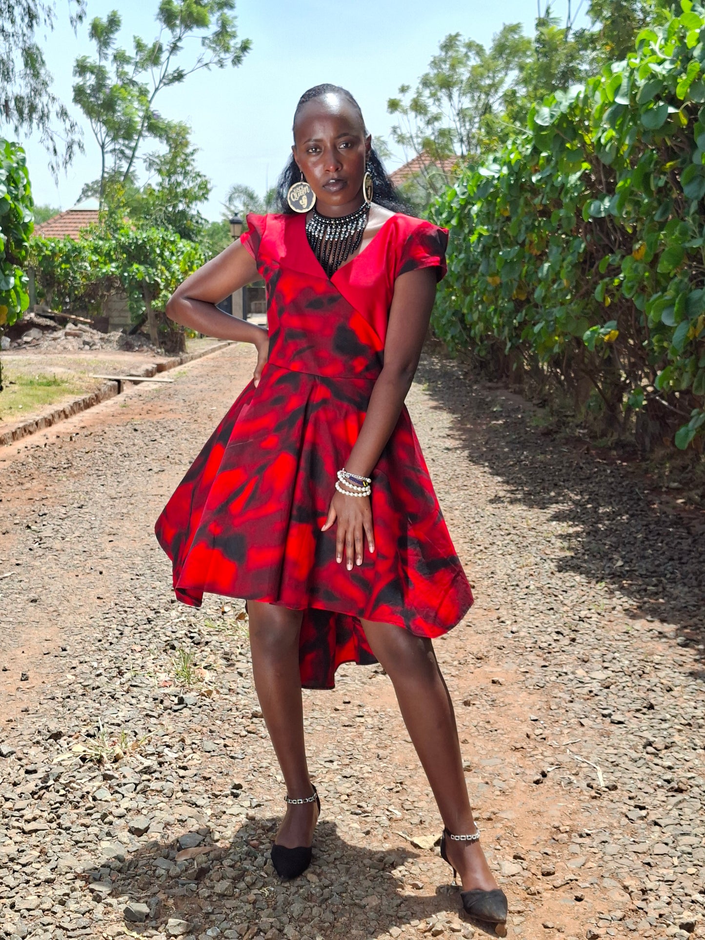 Rufflette dress: black and red prints with plain red contrast