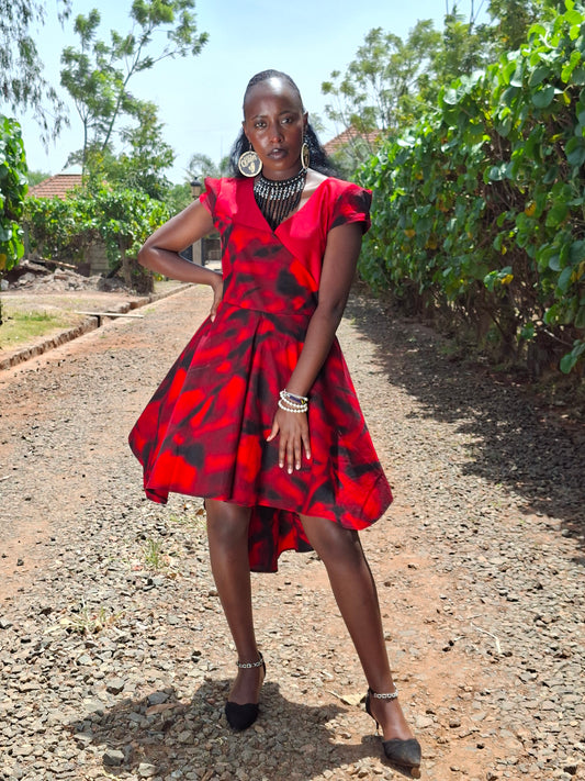 Rufflette dress: black and red prints with plain red contrast