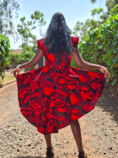 Rufflette dress: black and red prints with plain red contrast